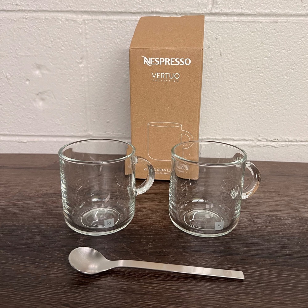 Nespresso Vertuo Gran Lungo Set 2 Glass Mugs 2 Spoons Konstantin Grcic Design